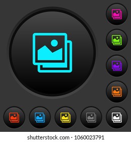 Pictures dark push buttons with vivid color icons on dark grey background