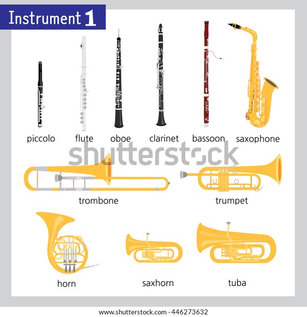 Pictures of different wind instruments. Gray\
frame around picture