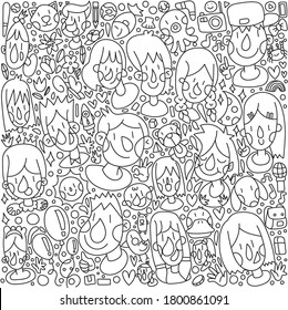 Pictures of faces and things around them. Black line pictures of faces and things around them on white background. Imaginative line drawing
