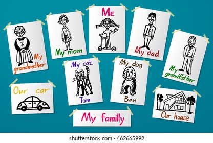 Pictures of family members on the paper attached to the wall with paper tape. Creativity and drawing. Wallpaper and background. Vector illustration.