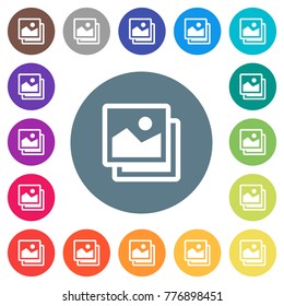 Pictures flat white icons on round color backgrounds. 17 background color variations are included.