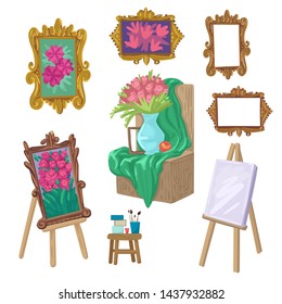 Pictures with flowers in wooden frames, canvas on the easel for the artist, still life with a vase, painting lessons, art hobby. Cartoon flat style illustration, isolated objects on white background.