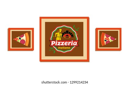 Pictures in frame with pizza vector, pizzeria decoration. Italiano Italian recipe of traditional food with cheese and salami, mushrooms and greenery