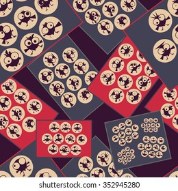 Pictures with funny dancing birds. Seamless pattern. Vector illustration