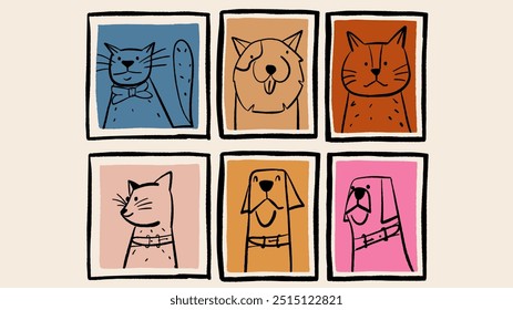 Pictures with funny various pets set. Cute vector sketch with cats and dogs portraits. Lovely canine and feline animals. 