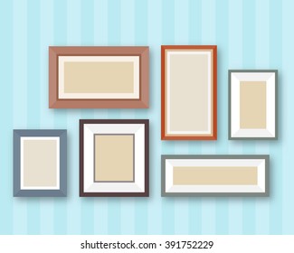 Pictures gallery in frame on room wall. Interior elements. Flat style vector illustration.