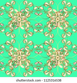 Pictures in green, brown and yellow colors. Fantasy illustration. Seamless abstract background with cute elements. Orient background. Orient vector classic vintage pattern.