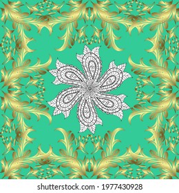 Pictures in green, yellow colors. Vector damask seamless pattern background. Exquisite floral baroque template. Classical luxury old fashioned damask, royal victorian. Seamless texture for wallpapers.