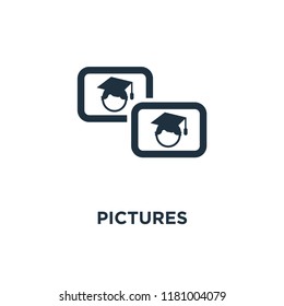 Pictures icon. Black filled vector illustration. Pictures symbol on white background. Can be used in web and mobile.