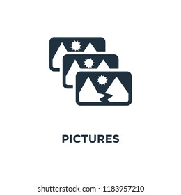 Pictures icon. Black filled vector illustration. Pictures symbol on white background. Can be used in web and mobile.