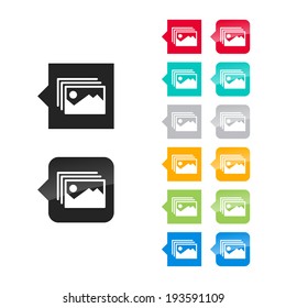 Pictures icon for user interface - flat and glossy style, color variations. Stylized square speech bubbles with symbol.