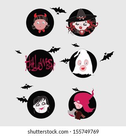 Pictures with kids in costumes for Halloween party. Vector illustration