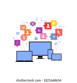 pictures of laptop computers, tablets and smart phones and various icons on them