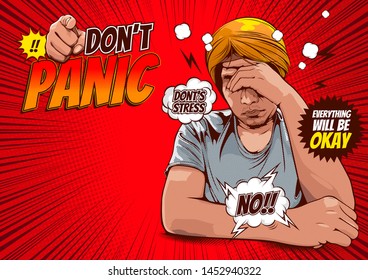 Pictures of men hold the head with hand, Don’t panic! Everything will be okay, comic cover template background, speech bubbles, doodle art, vector illustration.