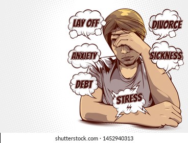 Pictures of men and problems that Symptoms of Stress, hold the head with hand, comic cover template background, speech bubbles, doodle art, vector illustration.