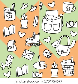 Pictures of objects that are symbols  hobbies of students. Each picture can be used as an independent. It can also be a background and pattern for textiles.