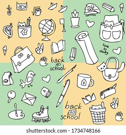 Pictures of objects that are symbols of the school, classes, hobbies of students. Each picture can be used as an independent. It can also be a background and pattern for textiles.