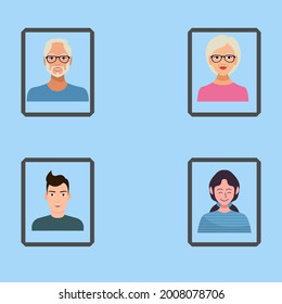 Pictures of an old man, an old woman, a young man and a girl, each picture in a beautiful frame