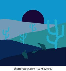 Pictures on blue and gray colors. Vector. Background scene with cactus in desert illustration.