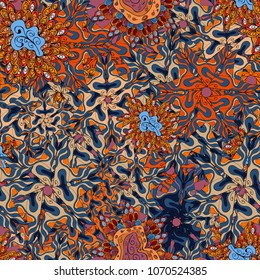 Pictures on a blue, orange, beige, black and gray colors Vector illustration. Seamless pattern Elegant decorative ornament for fashion print, scrapbook, wrapping paper, wallpaper.