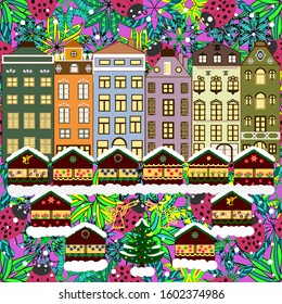 Pictures on green, brown and yellow colors and Christmas tree. Holiday mood. Vector. Little house on cute landscape.