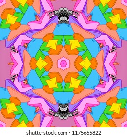 Pictures on a orange, pink and blue colors Vector illustration. Seamless pattern Elegant decorative ornament for fashion print, scrapbook, wrapping paper, wallpaper.