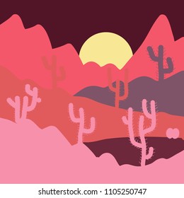 Pictures on pink, purple and brown colors. Vector. Background scene with cactus in desert illustration.