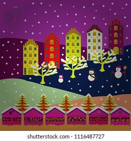 Pictures on purple, blue and green colors and Christmas tree. Holiday mood. Little house on cute landscape. Vector.