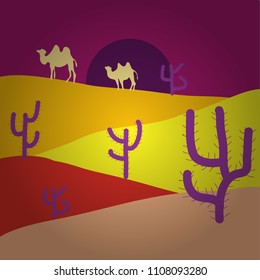 Pictures on purple, yellow and beige colors. Vector. Background scene with cactus in desert illustration.