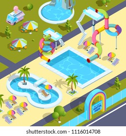 Pictures of outdoor attractions in water park. Vector isometric illustrations. Aquapark with waterslide, summertime entertainment