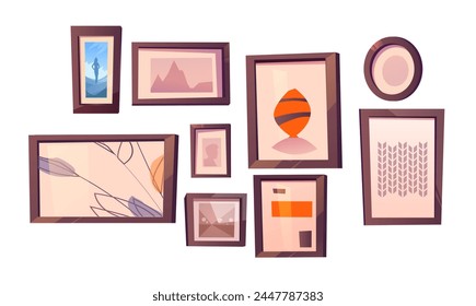 Pictures and photography in wooden frame hanging on wall. Home or museum gallery with paintings and photos. Cartoon vector illustration set of different shape borders for collage interior decoration.