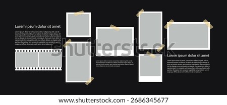 Pictures or photos frame collage. Empty retro photo frames with ribbon. Vintage templates for scrapbook or memory album.