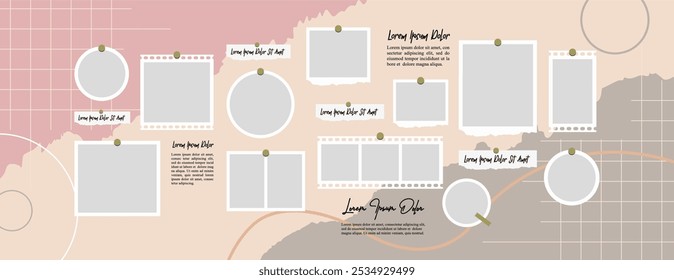 Pictures or photos frame collage, page grid layout abstract photo frames and digital photo wall template
