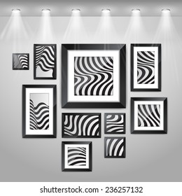 Pictures and photos frames on the wood wall with lightbulb. Vector illustration.