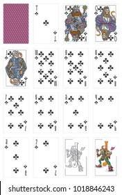 Pictures of playing cards, Clubs crosses suit from deuce to ace, jokers and back side shirt