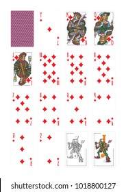 Pictures of playing cards, diamonds from deuce to ace, jokers and back side shirt