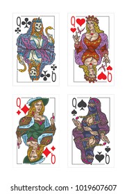 Pictures of playing cards Queen of Hearts, Diamonds, Club and Spades