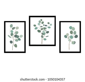 Pictures or posters with elegant eucalytus branches. Design element for your virtual room. Interior wall background