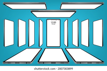 Pictures of realistic smartphone mockups in different angles perspectives views. Concept  blank display isolated templates device screen frame mobile phones empty white screen vector illustration