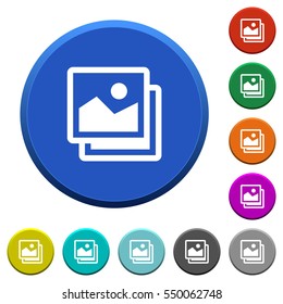 Pictures round color beveled buttons with smooth surfaces and flat white icons