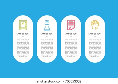 Pictures of safe, playing chess, paper and head with filling forms for your own text in oval shape vector illustrations isolated on blue background
