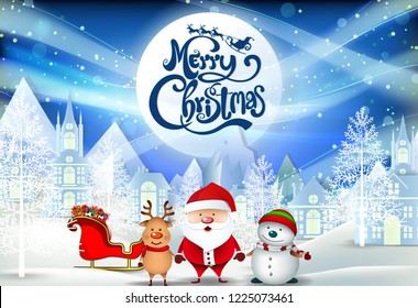 Pictures Of Santa Claus And Sleigh, Merry Christmas Everyone greeting card, Vintage Background With red sky and snow. Merry Christmas and happy new year text design, vector illustration.