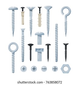 Pictures set of hardware tools. Iron bolts, nuts, nails and screws. Bolt and hardware for fix. Vector illustration