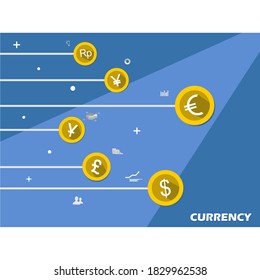 pictures of several national currency symbols on several coins and various graphic icons around them
