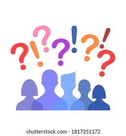 pictures of several people, question marks and exclamation marks in various transparent colors