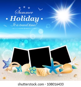 Pictures and shells on Beautiful seaside background. Vector illustration.