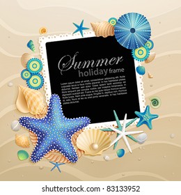 Pictures, shells and starfishes on sand background. Vector illustration.