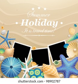 Pictures, shells and starfishes on sand background. Vector illustration.