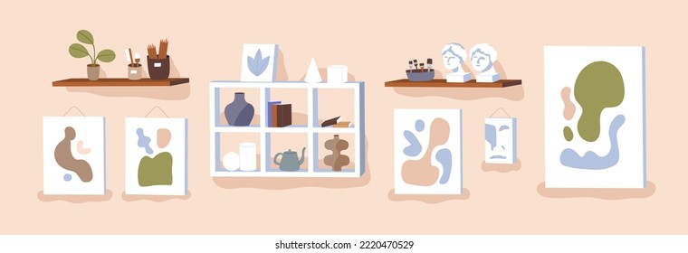 Pictures and shelves, wall design. Abstract paintings, hanging posters and art stuff, supplies composition, arrangement. Artworks, figurine, home interior decoration. Flat vector illustration