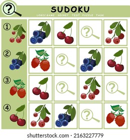 Pictures sudoku puzzle with with berries. Educational logical game for children. Vector illustration.